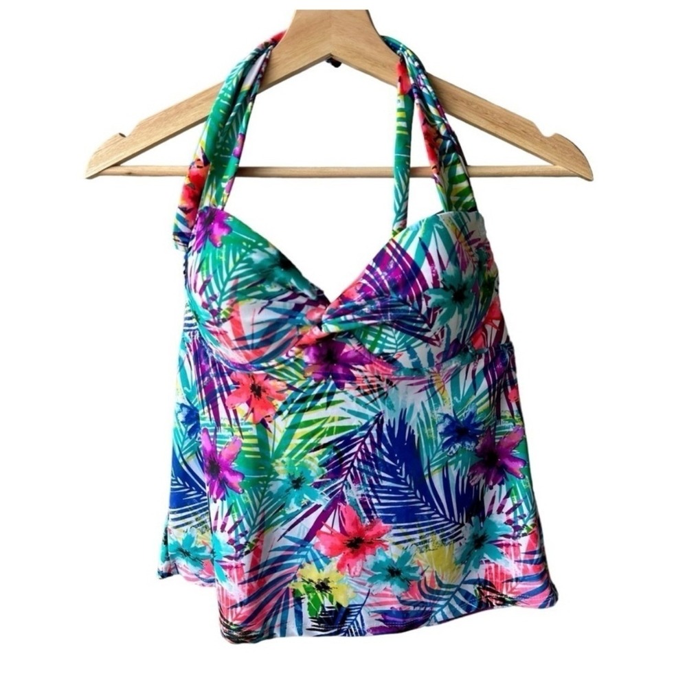 Collections by Catalina Swim Tankini Top Tropical Floral Halter Blue Pink Medium
